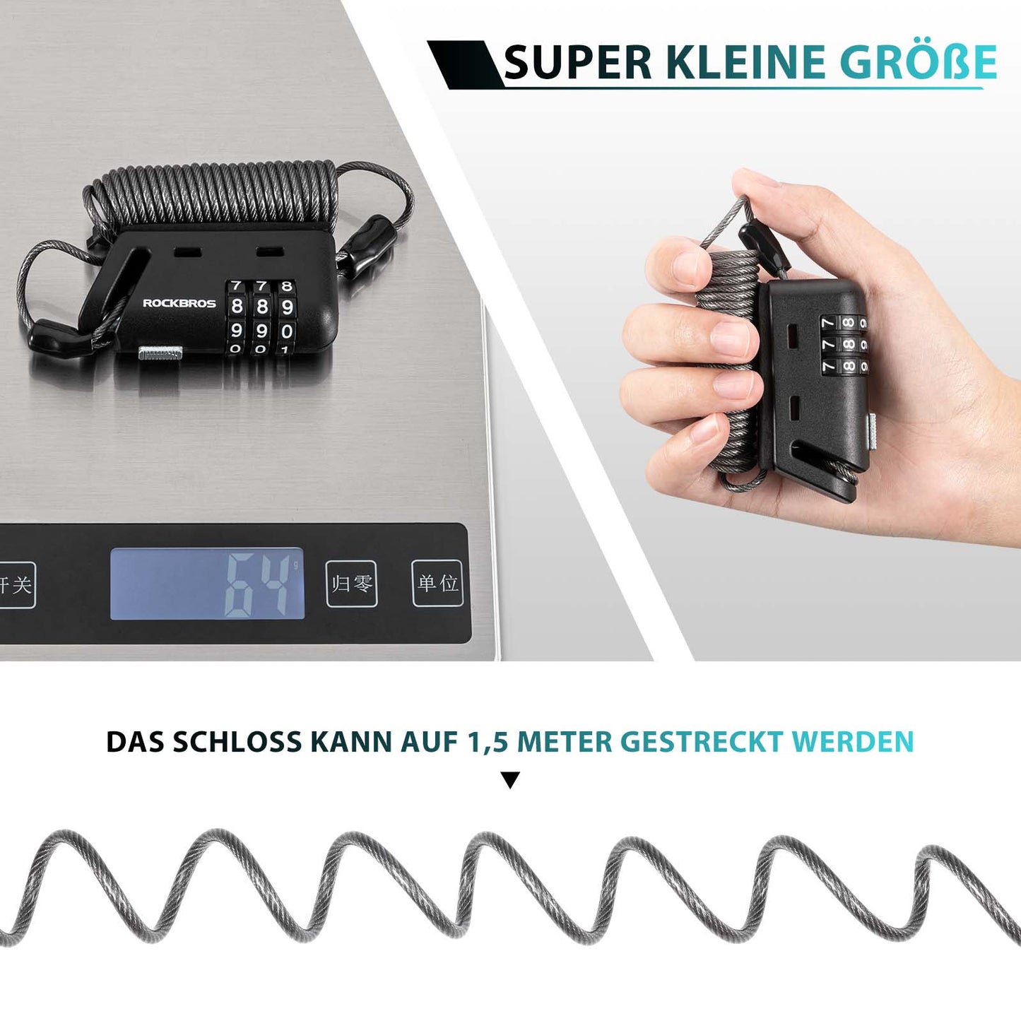 ROCKBROS Helm schloss 150 cm Zahlenschloss 3-stellig Zahlencode