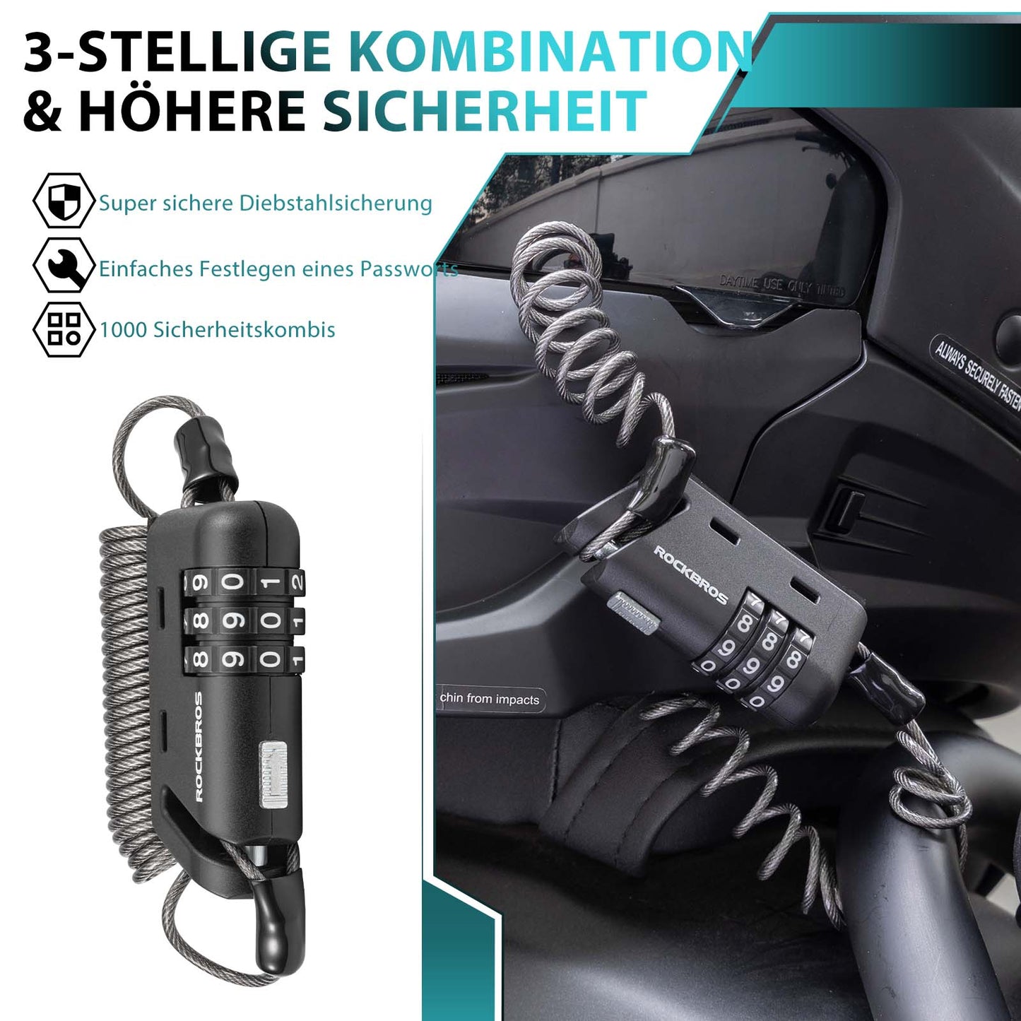 ROCKBROS Helm schloss 150 cm Zahlenschloss 3-stellig Zahlencode