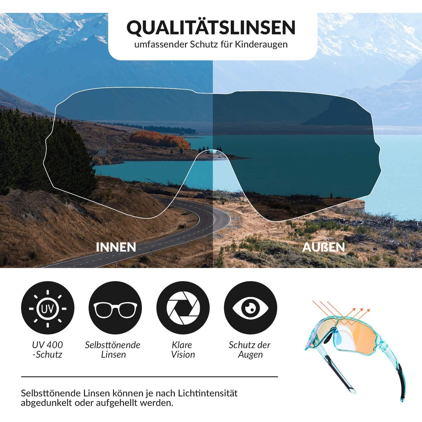 ROCKBROS Kinder Fahrradbrille UV400-Schutz Selbsttönend Sonnenbrille