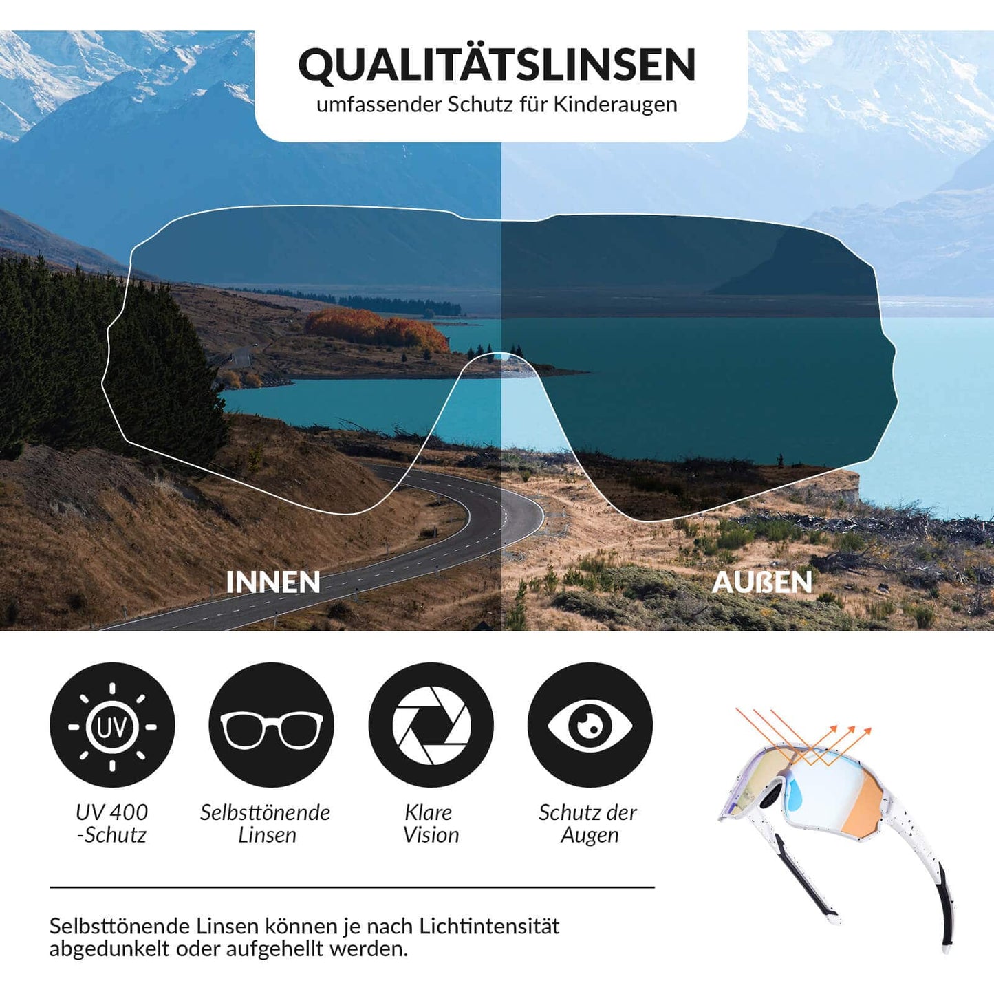ROCKBROS Kinder Fahrradbrille UV400-Schutz Selbsttönend Sonnenbrille