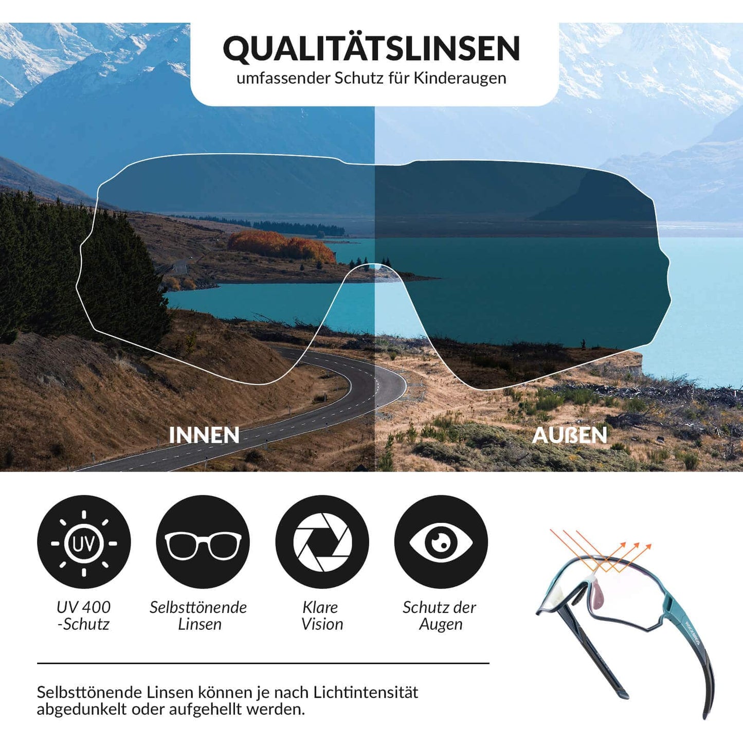 ROCKBROS Kinder Fahrradbrille UV400-Schutz Selbsttönend Sonnenbrille
