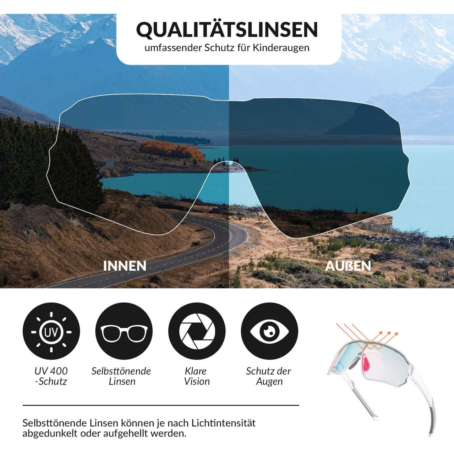 ROCKBROS Kinder Fahrradbrille UV400-Schutz Selbsttönend Sonnenbrille