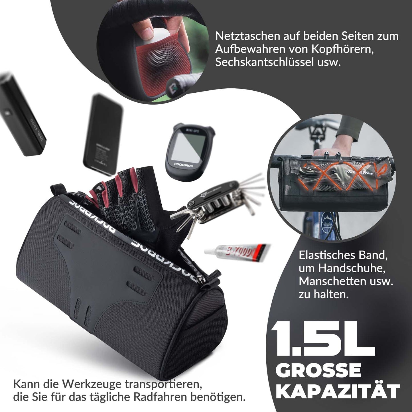 ROCKBROS Lenkertasche Multifunktionale Fahrradlenkertasche mit Schultergurt 1,5L