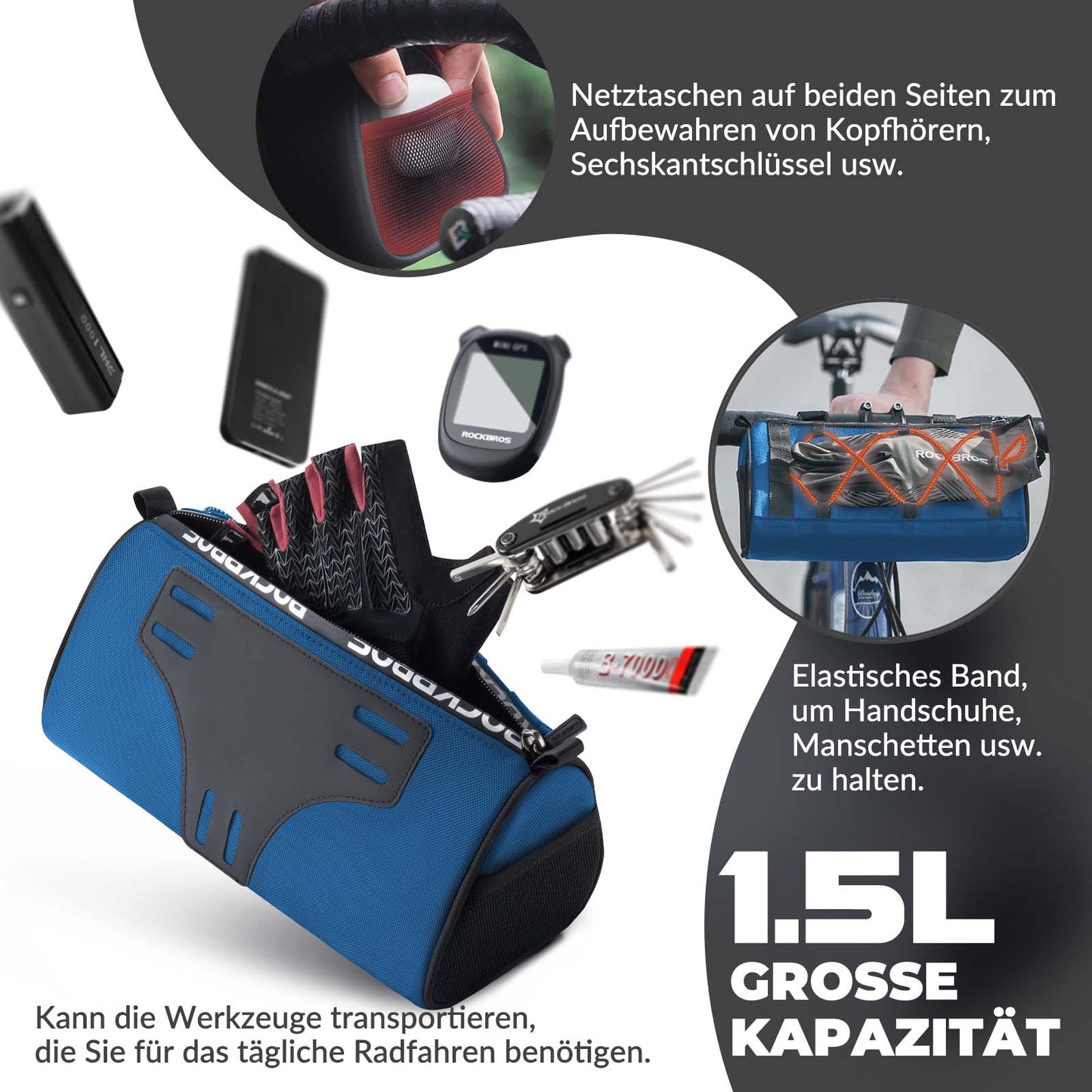 ROCKBROS Lenkertasche Multifunktionale Fahrradlenkertasche mit Schultergurt 1,5L