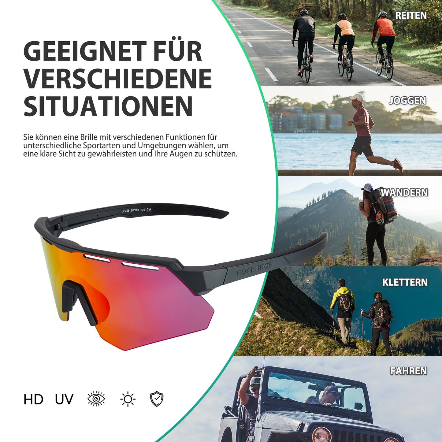 ROCKBROS Polarisierte Fahrradbrille mit 4 Wechselgläser