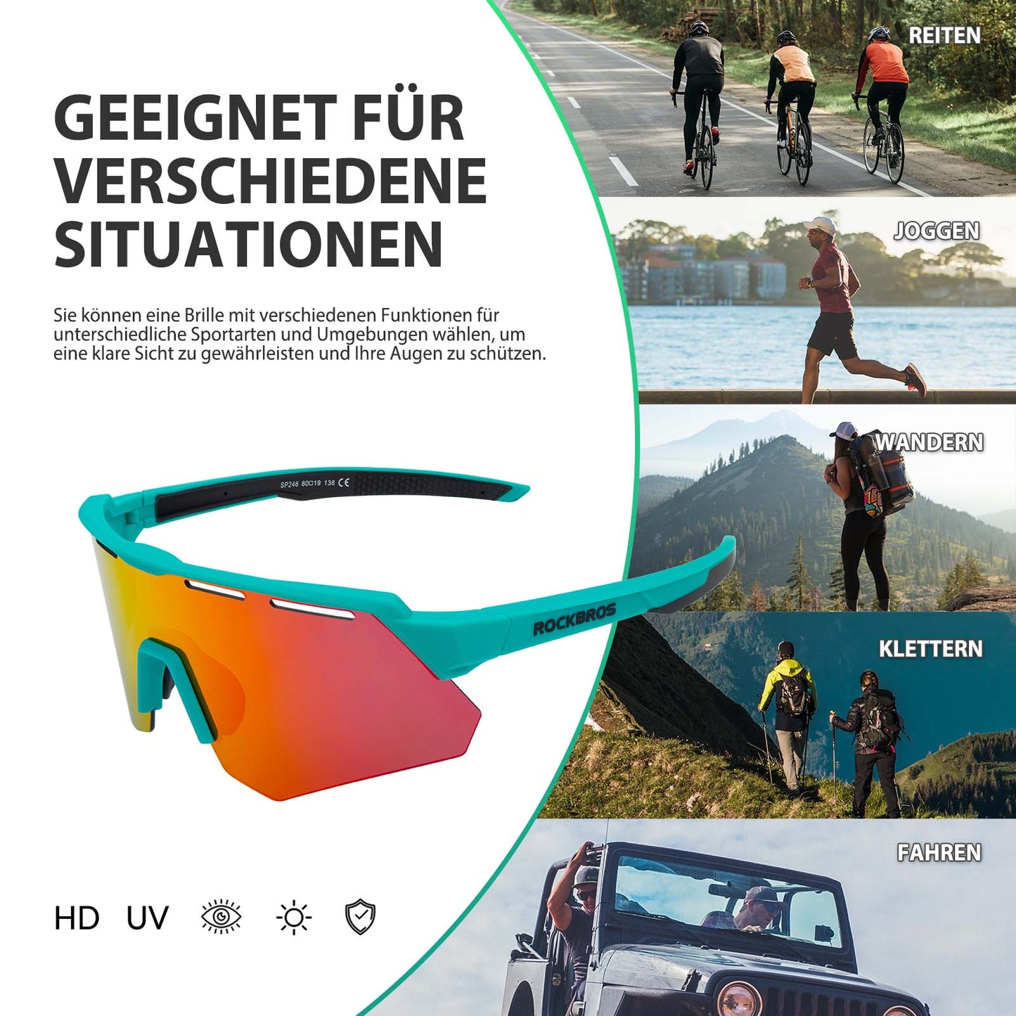 ROCKBROS Polarisierte Fahrradbrille mit 4 Wechselgläser