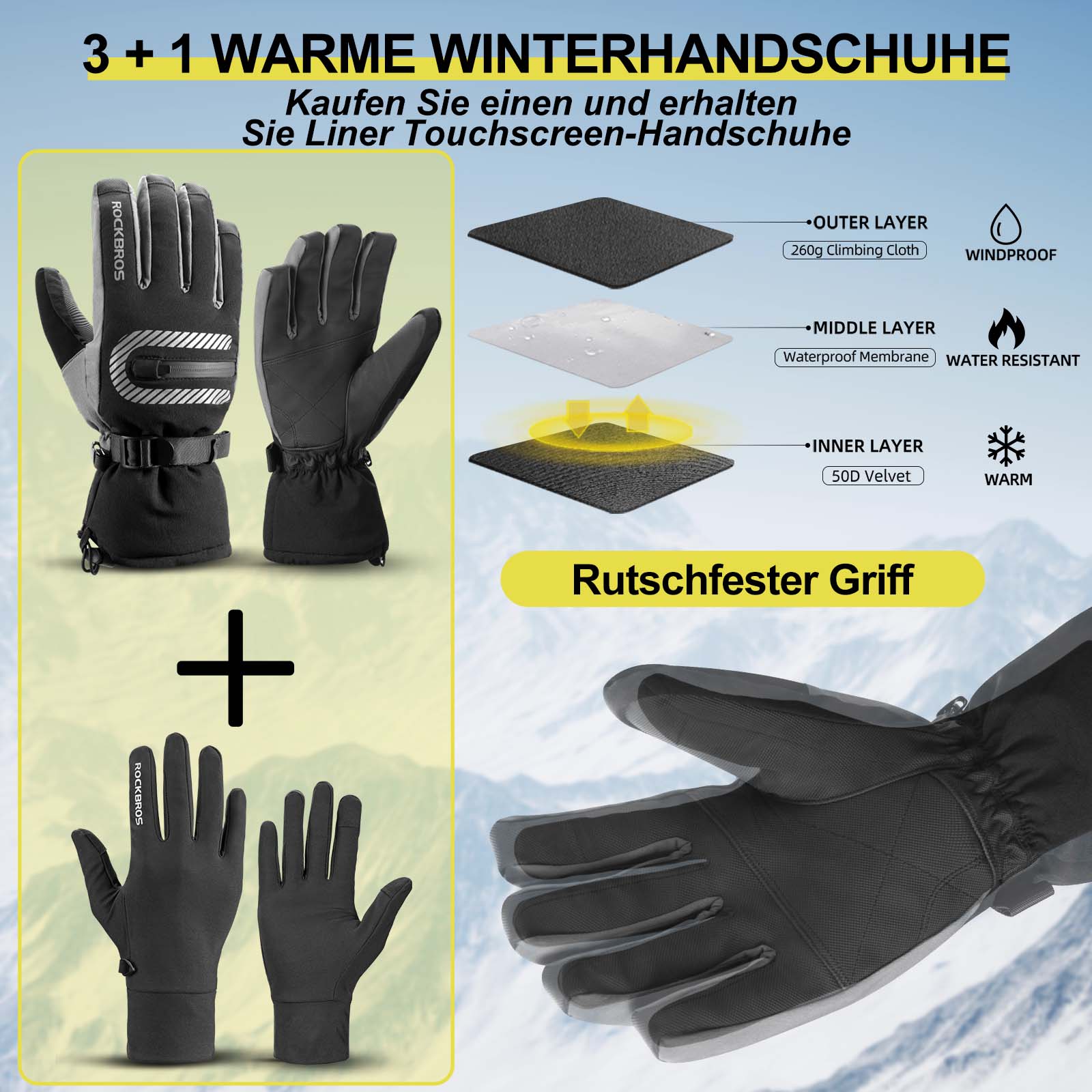warme handschuhe kaufen ROCKBROS Skihandschuhe 2v1 Winddicht Warme Handschuhe Schwarz M-2XL – Unimother